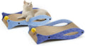 Blue fish-shaped cardboard cat scratcher lounge with a red bell toy for indoor cats.