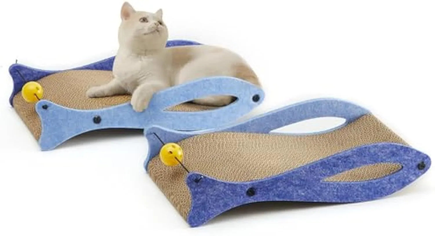 Blue fish-shaped cardboard cat scratcher lounge with a red bell toy for indoor cats.