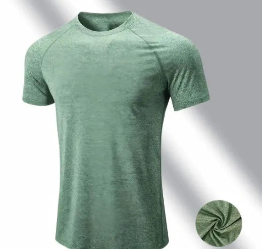 Men's stretch polyester short sleeve T-shirt in black, grey, green, or pink colours