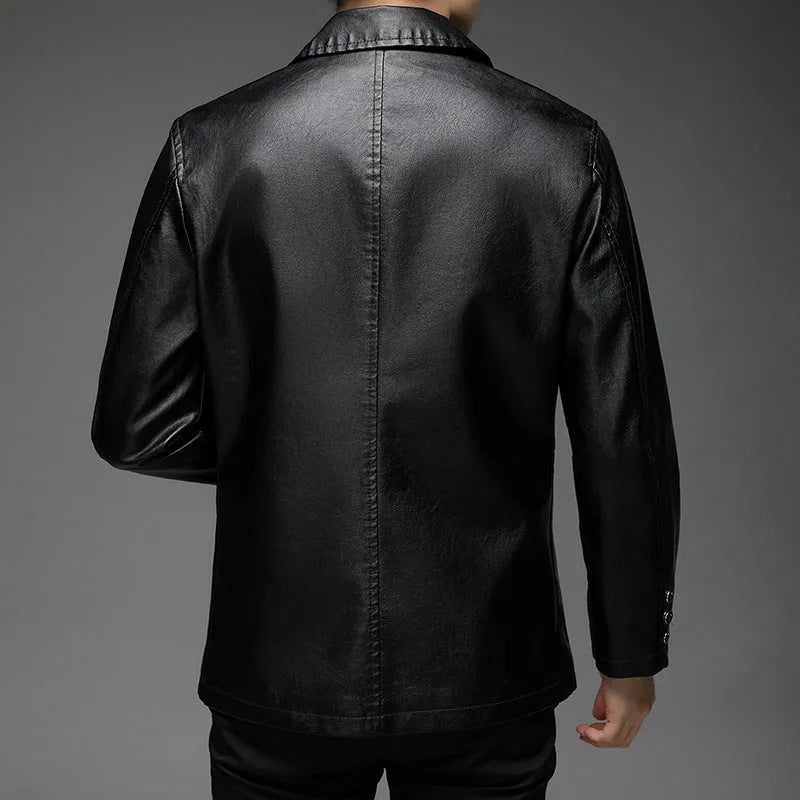 Autumn Korean-style leather jacket in black polyester, front view, sizes M to 4XL