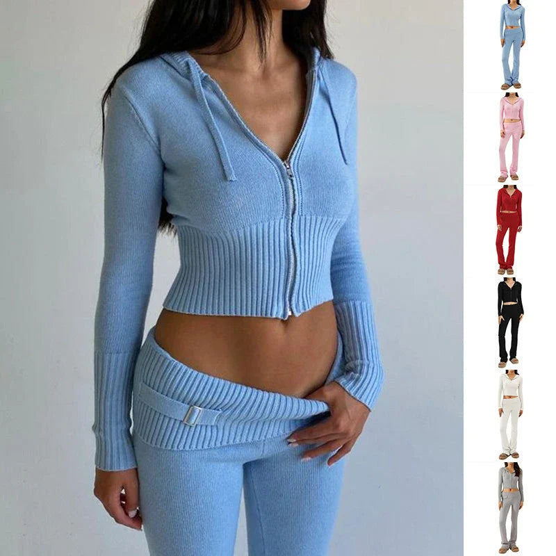 Stylish women's hooded sweatsuit in various colors, featuring a unique collage and splicing design for casual, comfortable wear.