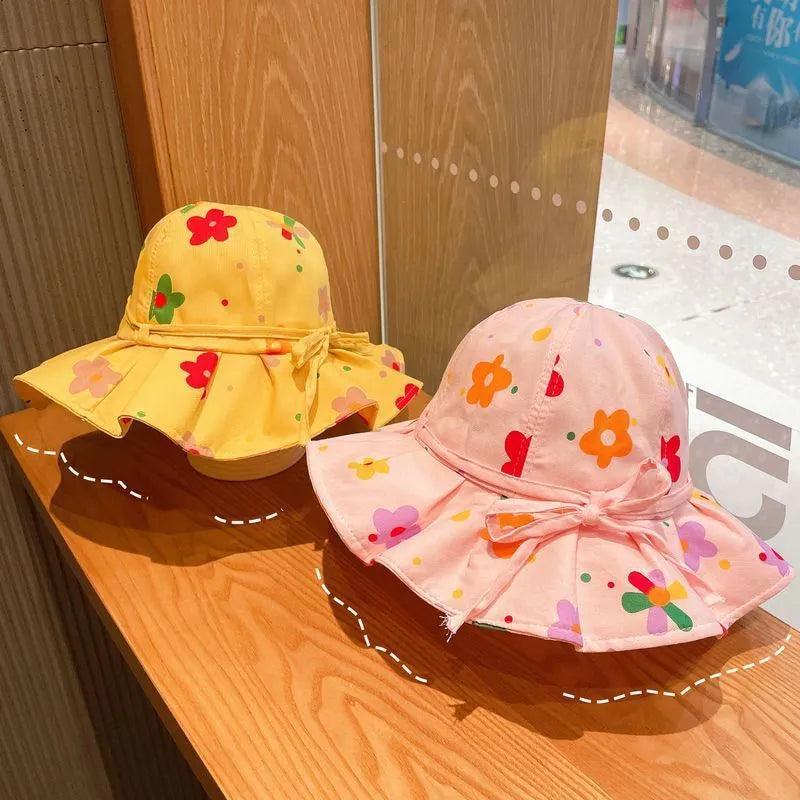 Children's sun hat with large brim in ice linen fabric, flower design, dome crown style for sun protection