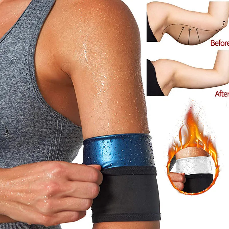 Adjustable arm sweatband in blue colour with binding strap, shown on an arm.