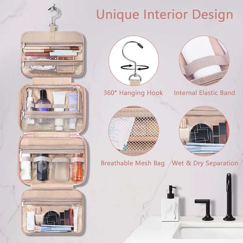 Pink waterproof hanging cosmetic bag with dimensions 30.5cm wide by 22.9cm tall