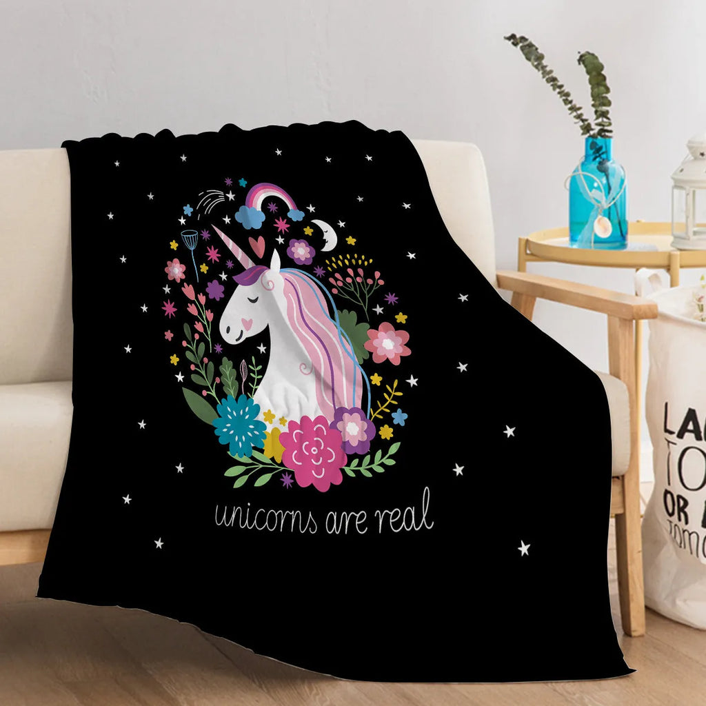 Soft flannel unicorn pattern blanket on black base, 75x100cm throw for sofa or outdoor use