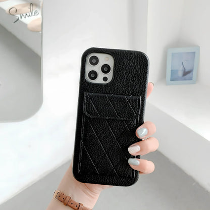 Tide brand black imitation leather iPhone case with card holder slot, fits models 7 to 12 Pro Max, slim back cover design