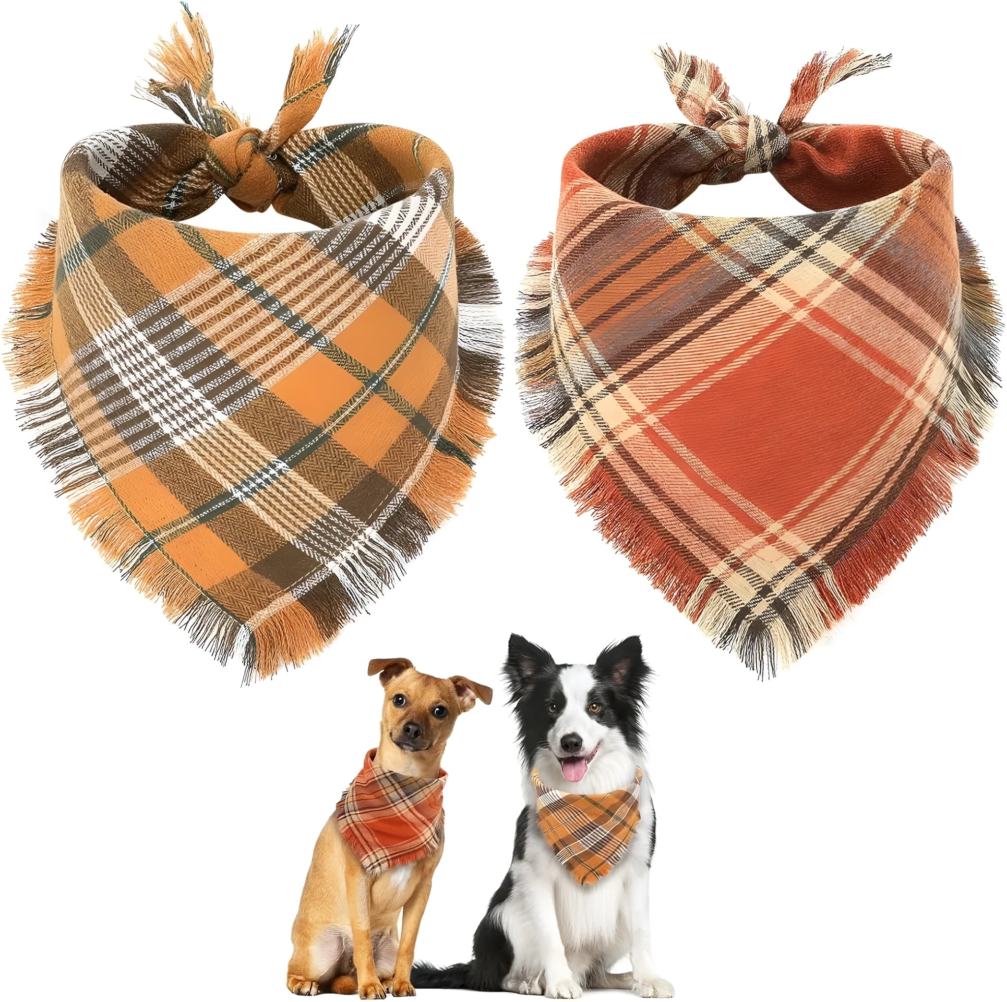 Classic plaid dog bandana with tassel edges in autumn colours on canine