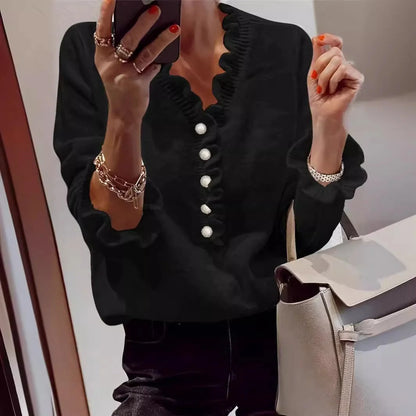 Winter V-neck Ruffled Knitted Sweater for Women in black, white, and pink