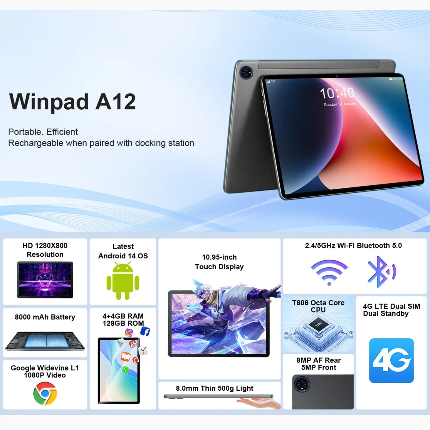 10-inch bare metal blue tablet PC with keyboard leather case open
