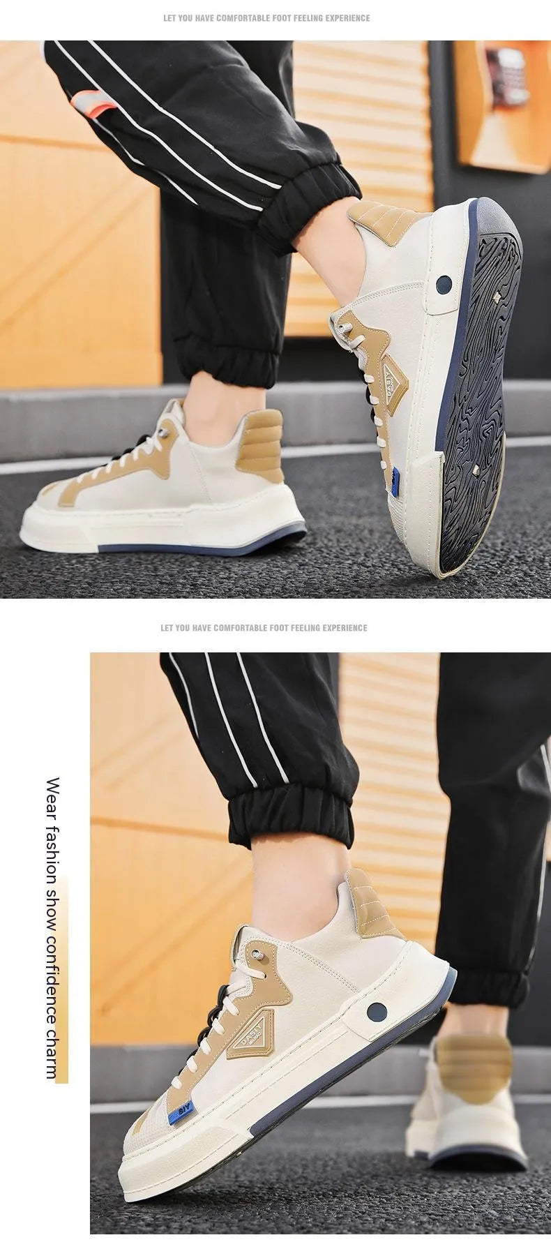 Men's low-top beige sneakers with elastic band and microfiber leather upper