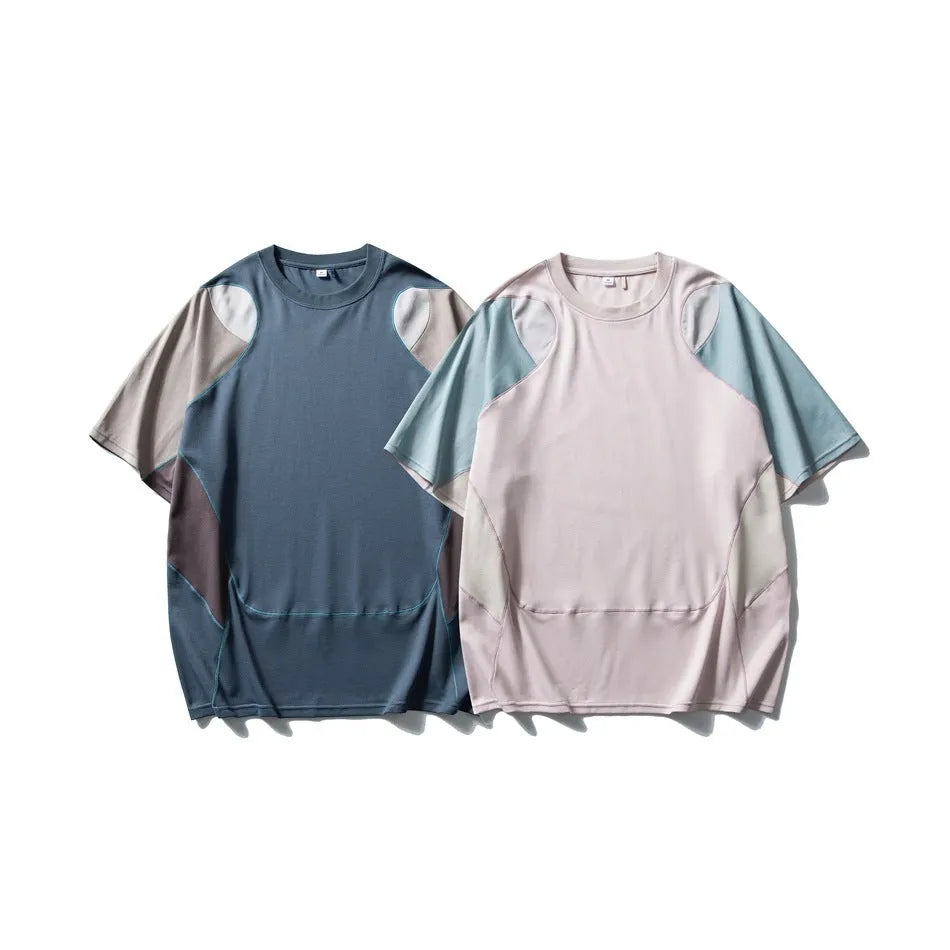 Men's loose patchwork contrast sports T-shirt in cotton blend, shown in blue colour option.