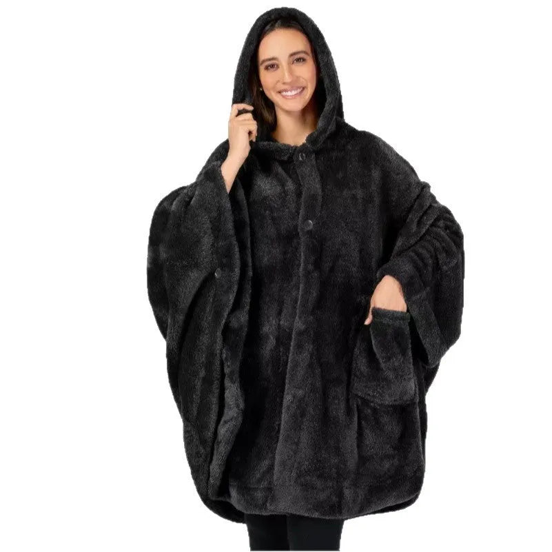 Thickened long sleeve hooded bathrobe in black, dark grey or pink polyester.