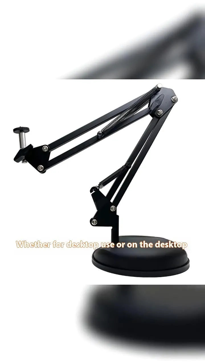 Black foldable metal desktop bracket holding a tablet at an adjustable angle on a desk.