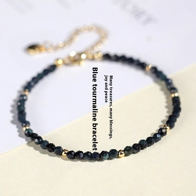 3mm blue tourmaline spacer bead bracelet for women showing gemstone beads and pattern detail