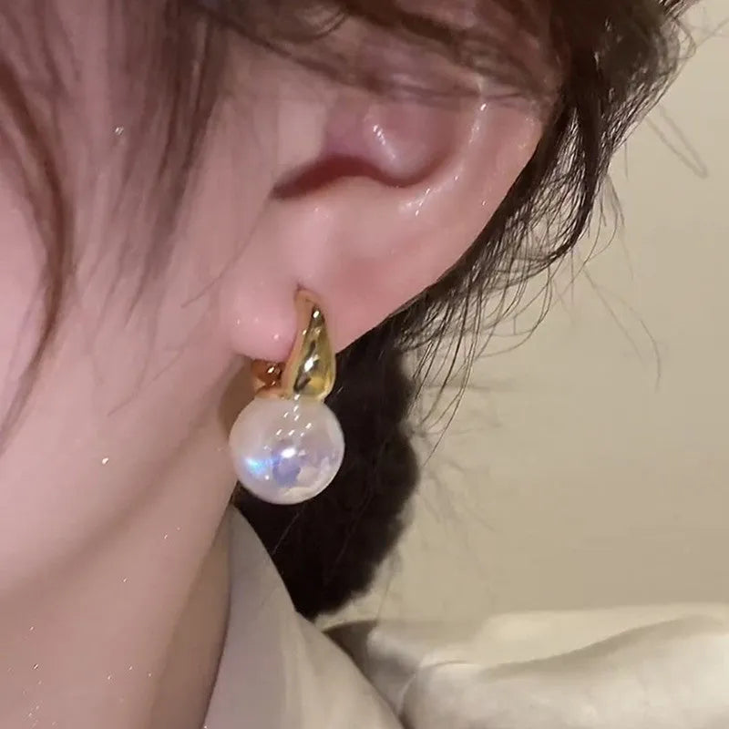 Mermaid pearl earrings for women, 14K gold plated copper U-shaped drop earrings with white pearl accent