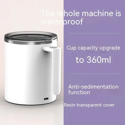 Stainless steel self-stirring coffee mug with rechargeable battery, available in white, pink, black, and macaron milky white colors