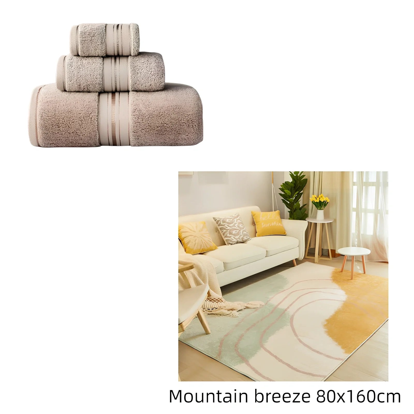 Three-piece cotton bath towel set in blue, featuring 70x150cm bath towel, 34x75cm hand towel, and 34x35cm square scarf for absorbent drying