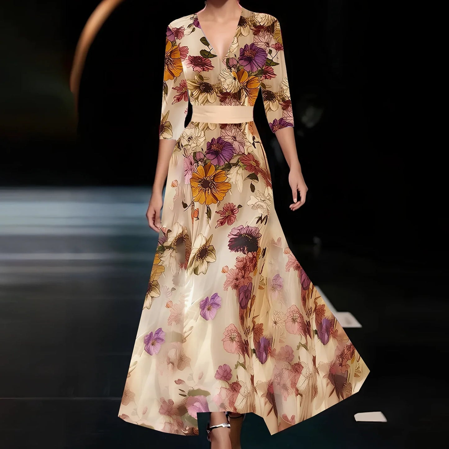 Women's summer V-neck A-line dress in red flower print, short split sleeves, belt included, sizes S-3XL polyester fabric