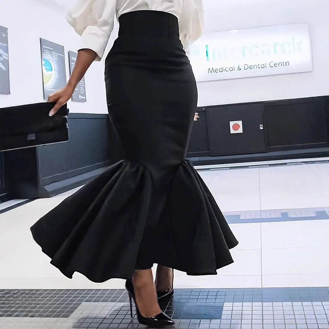 Black sheath long fishtail skirt for women with micro elastic polyester fabric