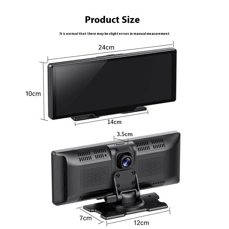 10-inch car touchscreen displaying navigation with front and rear camera views