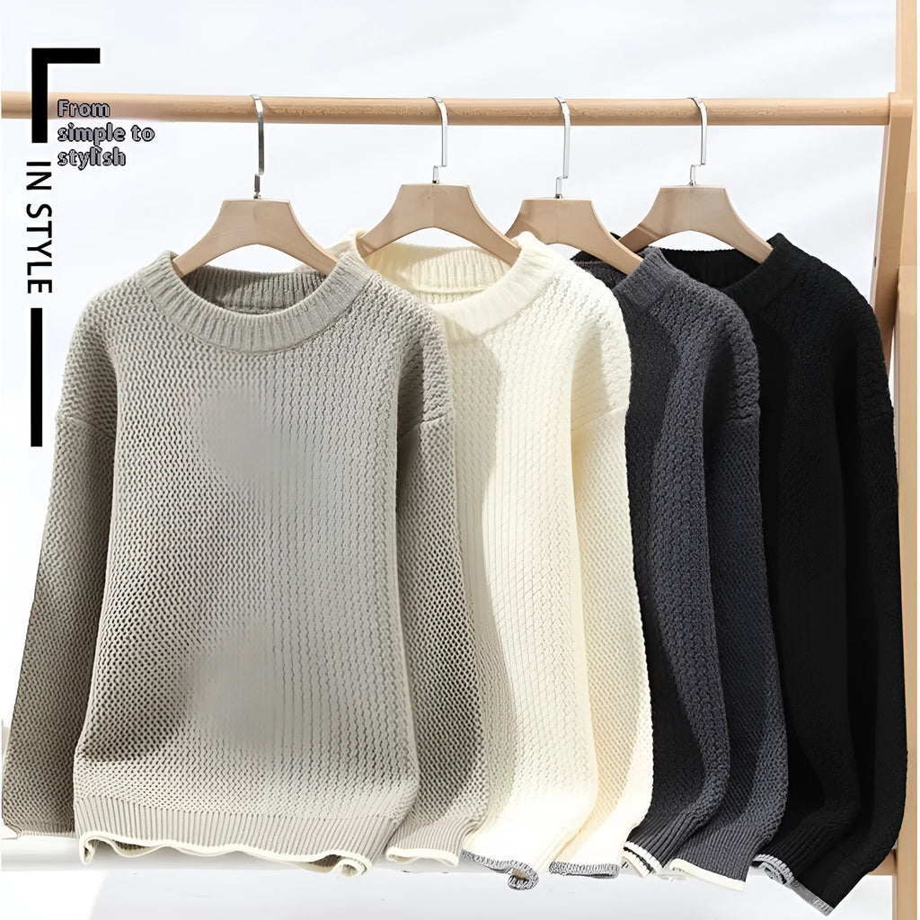 Men's loose fit chemical fibre blend sweater in grey colour with round neck and long sleeves