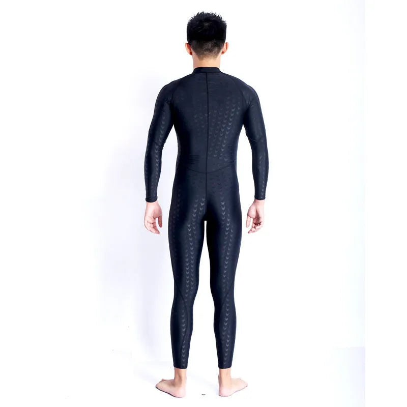 Unisex pure black one-piece shark skin swimsuit with front zipper, quick-drying nylon spandex fabric