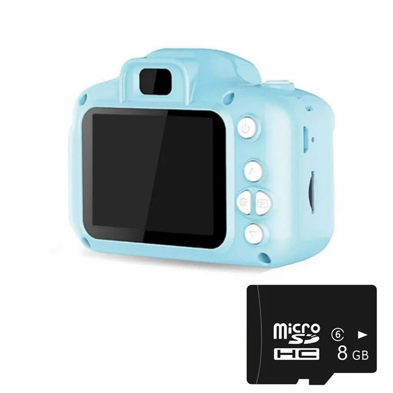 Children's HD digital waterproof camera with 2.3 inch LCD screen in blue, showing front view with lens