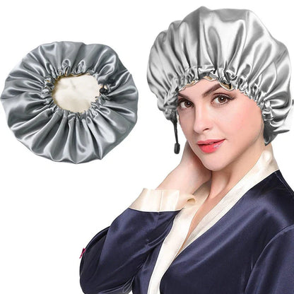 Soft silk dual-use shower cap in double satin fabric for chemotherapy and bathing protection