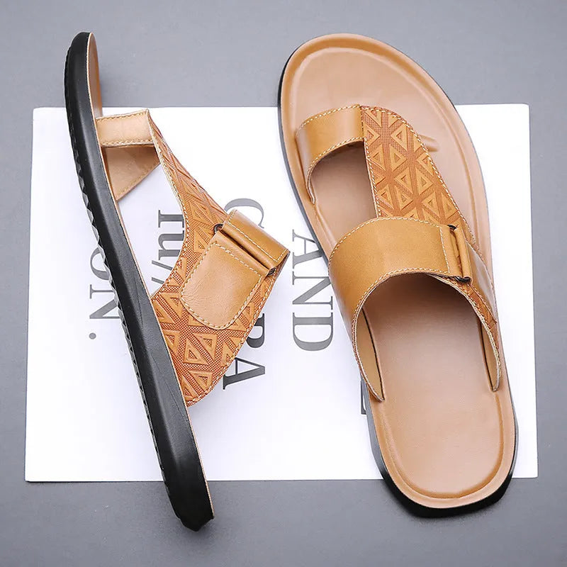 Men's simple cowhide beach slippers with open toe and rubber sole in light brown.
