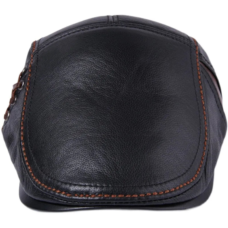 Men's genuine cowhide leather beret hat with dome crown and short brim in black, light brown and dark brown sizes L to XXL