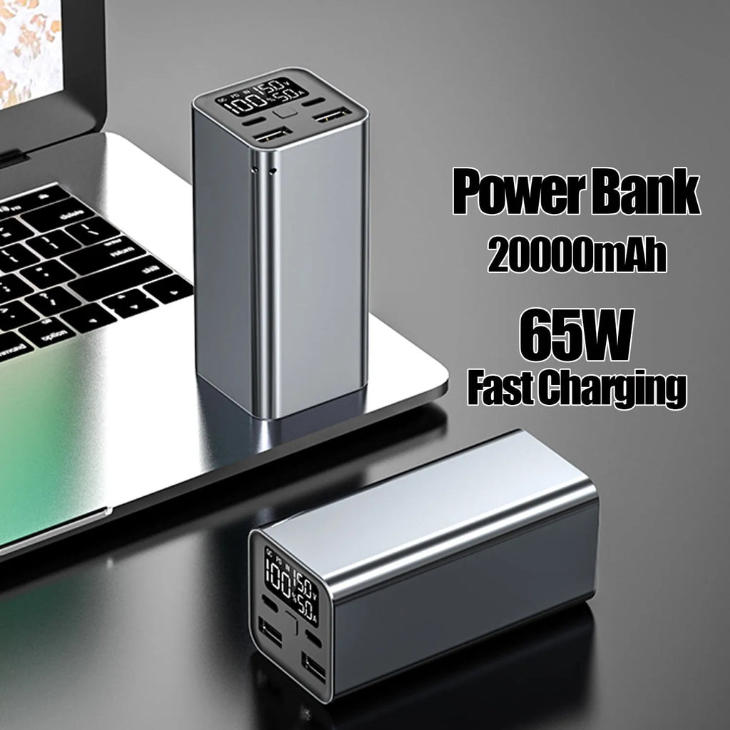 Black high‑power 65W 20000mAh metal laptop charging bank showing its size and ports.