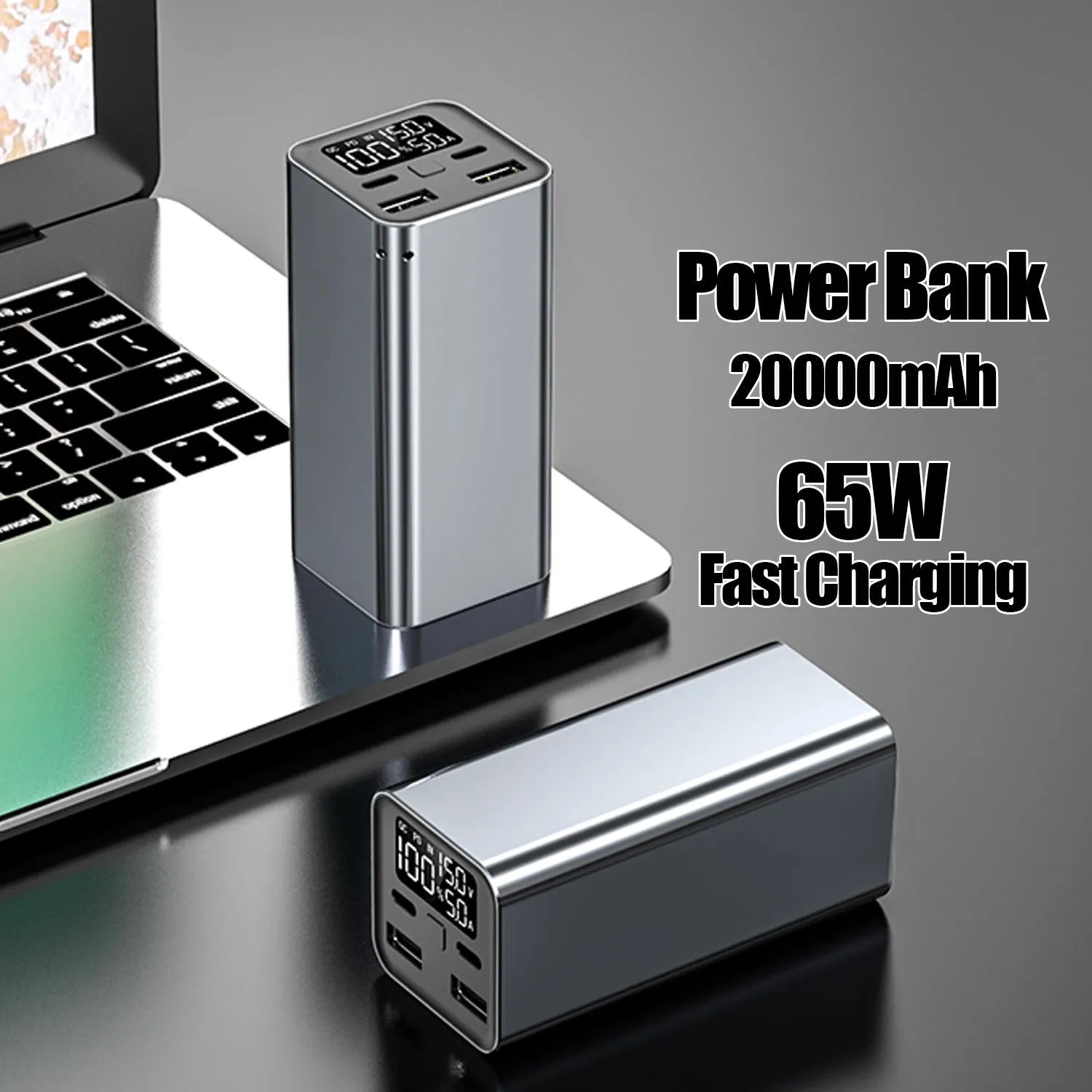 Black high‑power 65W 20000mAh metal laptop charging bank showing its size and ports.
