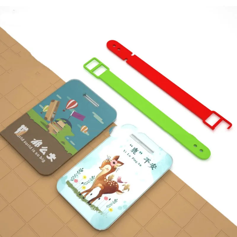 Custom acrylic luggage tag with picture insert, 80x50mm, on a travel suitcase