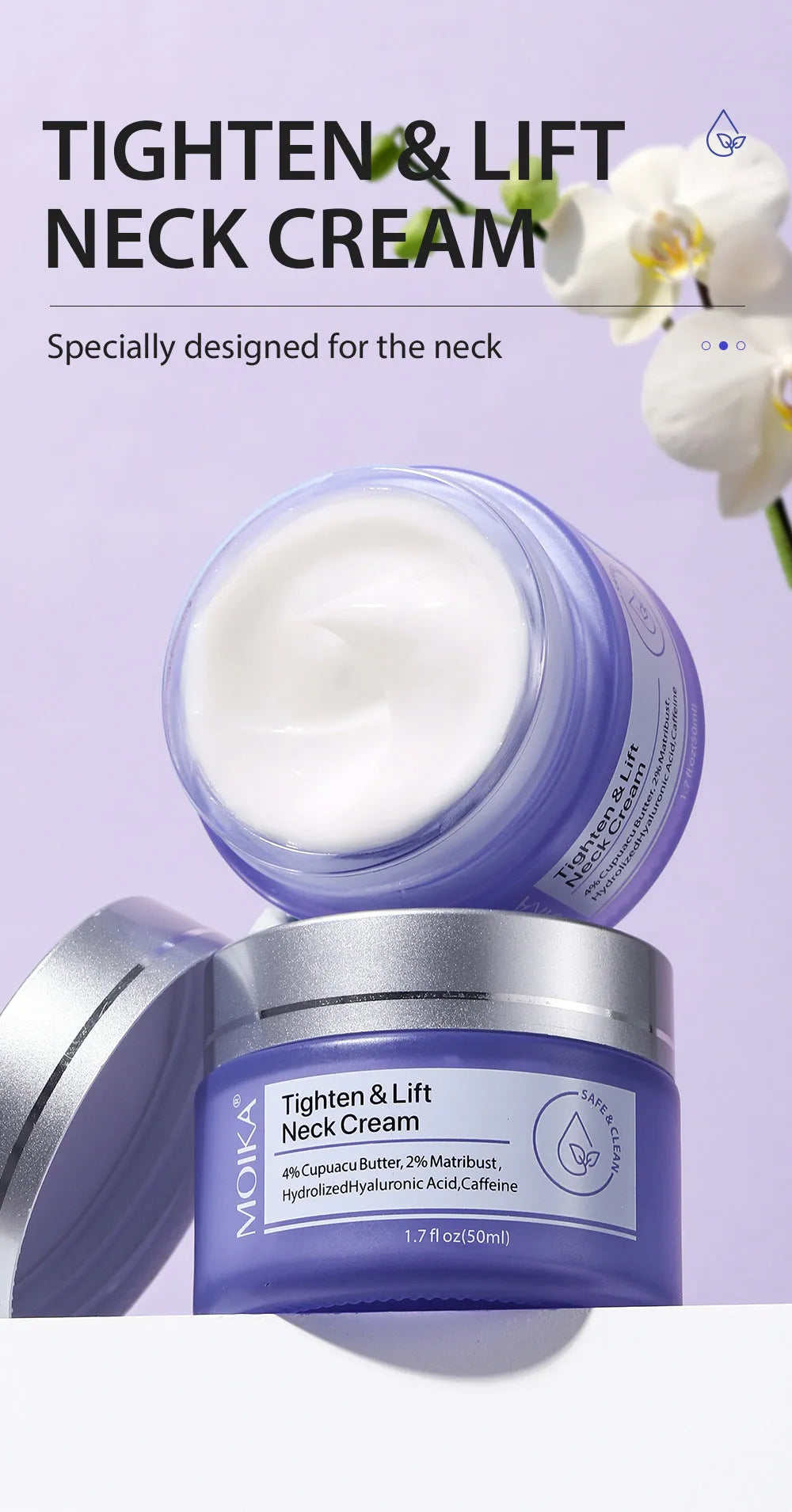 Neck firming cream in a white jar with gold lid, 50g, for reducing wrinkles and sagging skin