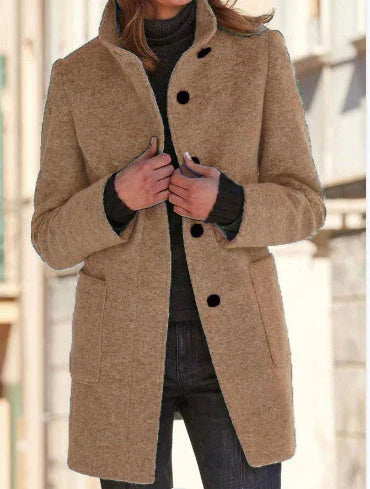 Stylish wool coat with stand collar and pockets, available in various colors for casual fall and winter wear.