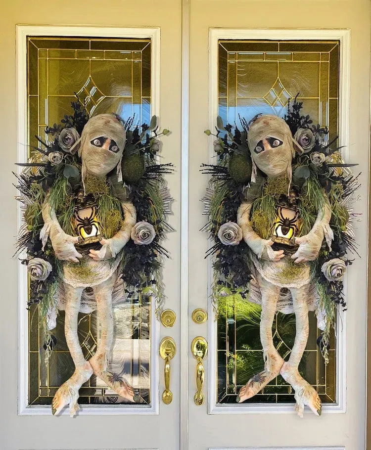 Realistic mummy Halloween wreath with skeleton hands, 46cm three dimensional handmade plastic decoration on door