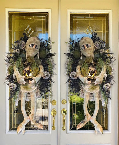 Realistic mummy and skeleton hands Halloween wreath for door decoration