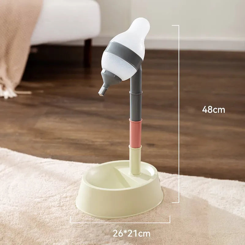 Green height-adjustable standing water dispenser for pets with a separate bowl and water receptacle