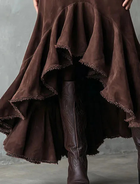 Brown women's maxi skirt with asymmetric high-low hem and western ruffle detailing