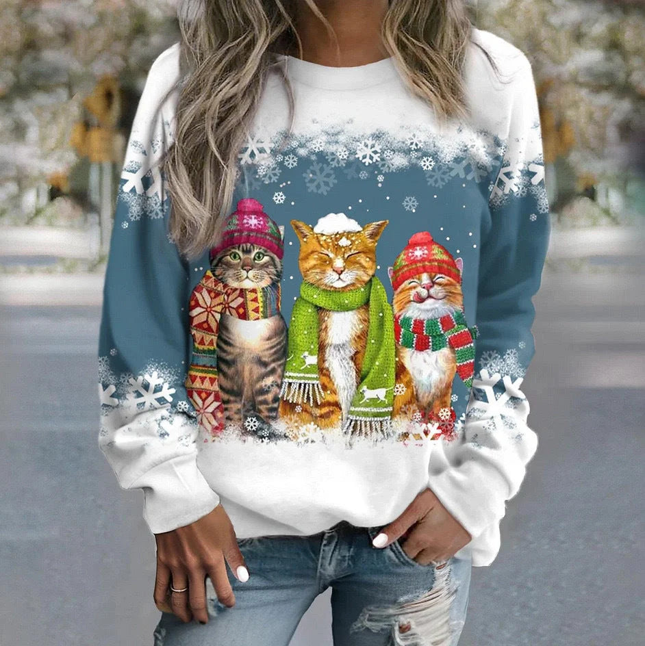Women's festive snowman and cat print long sleeve t-shirt in loose fit