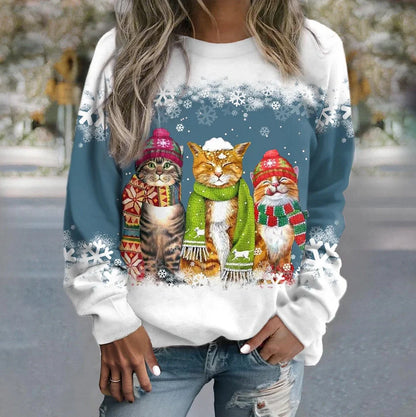 Women's festive snowman and cat print long sleeve t-shirt in loose fit