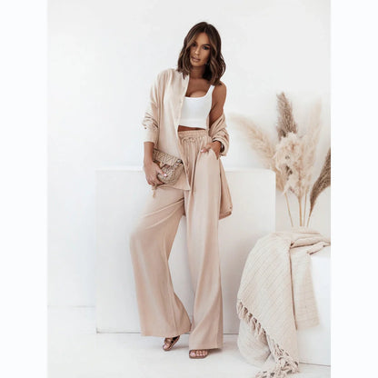 Solid colour long sleeve blouse and pants set in European and American Ins style