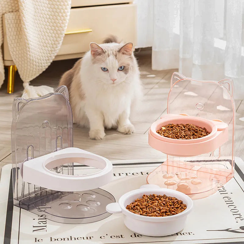 Grey cat feeding bowl with anti-spill cat ears design and adjustable height mechanism