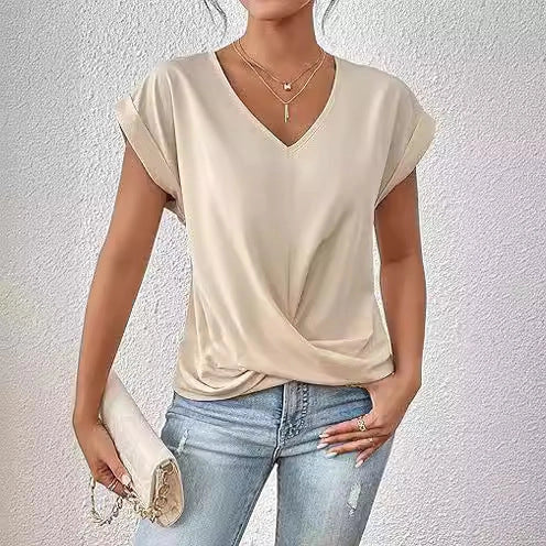 Women's summer casual short-sleeve T-shirt with unique irregular knot design in various colours