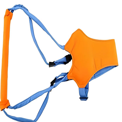 Orange and blue baby walking harness with adjustable strap and plastic safety locks for infants learning to walk