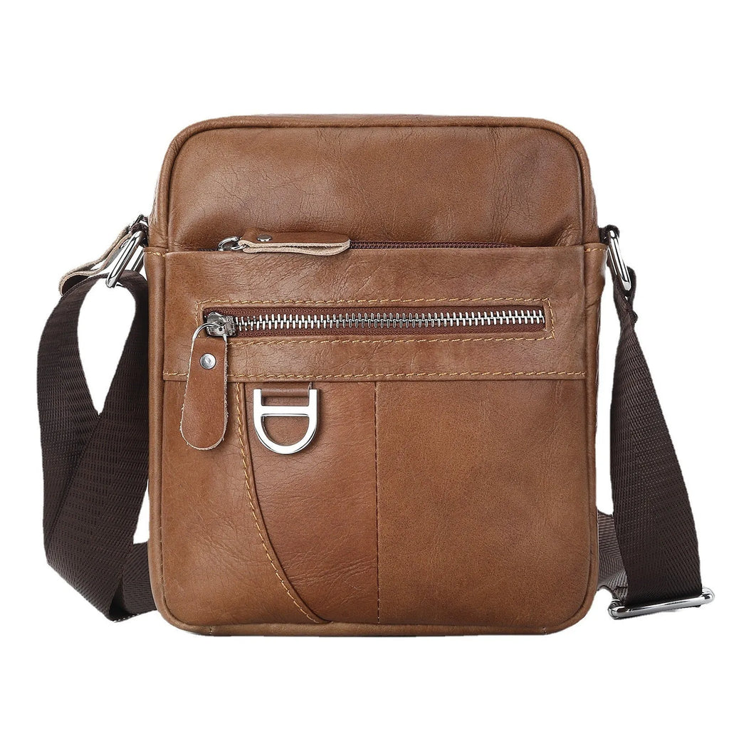 Black genuine leather messenger bag for boys with retro styling and crossbody strap