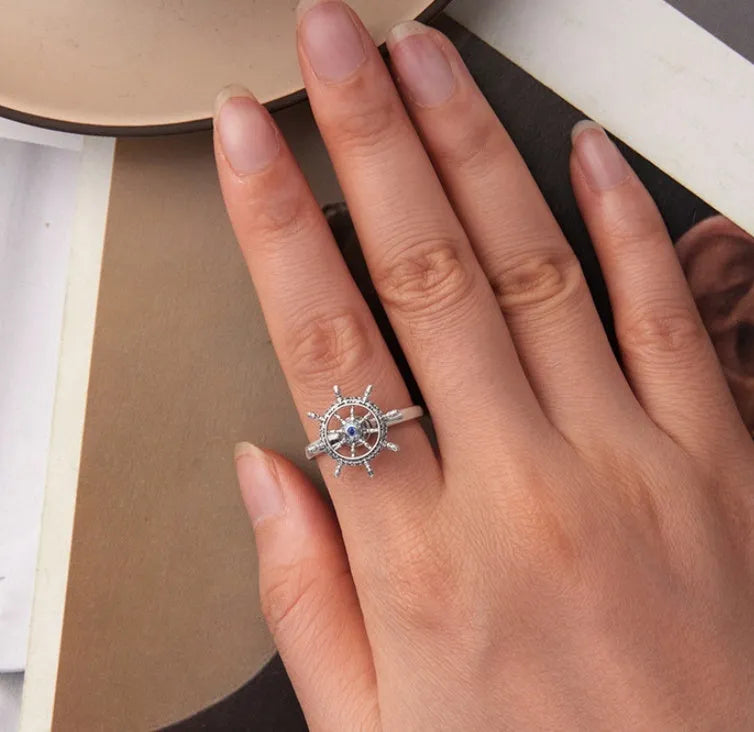 Retro rotatable rudder silver ring for women with inlaid zircon open mouth adjustable