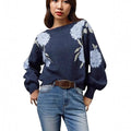 Sapphire blue women's jacquard pullover with flower pattern, off-neck design and loose fit