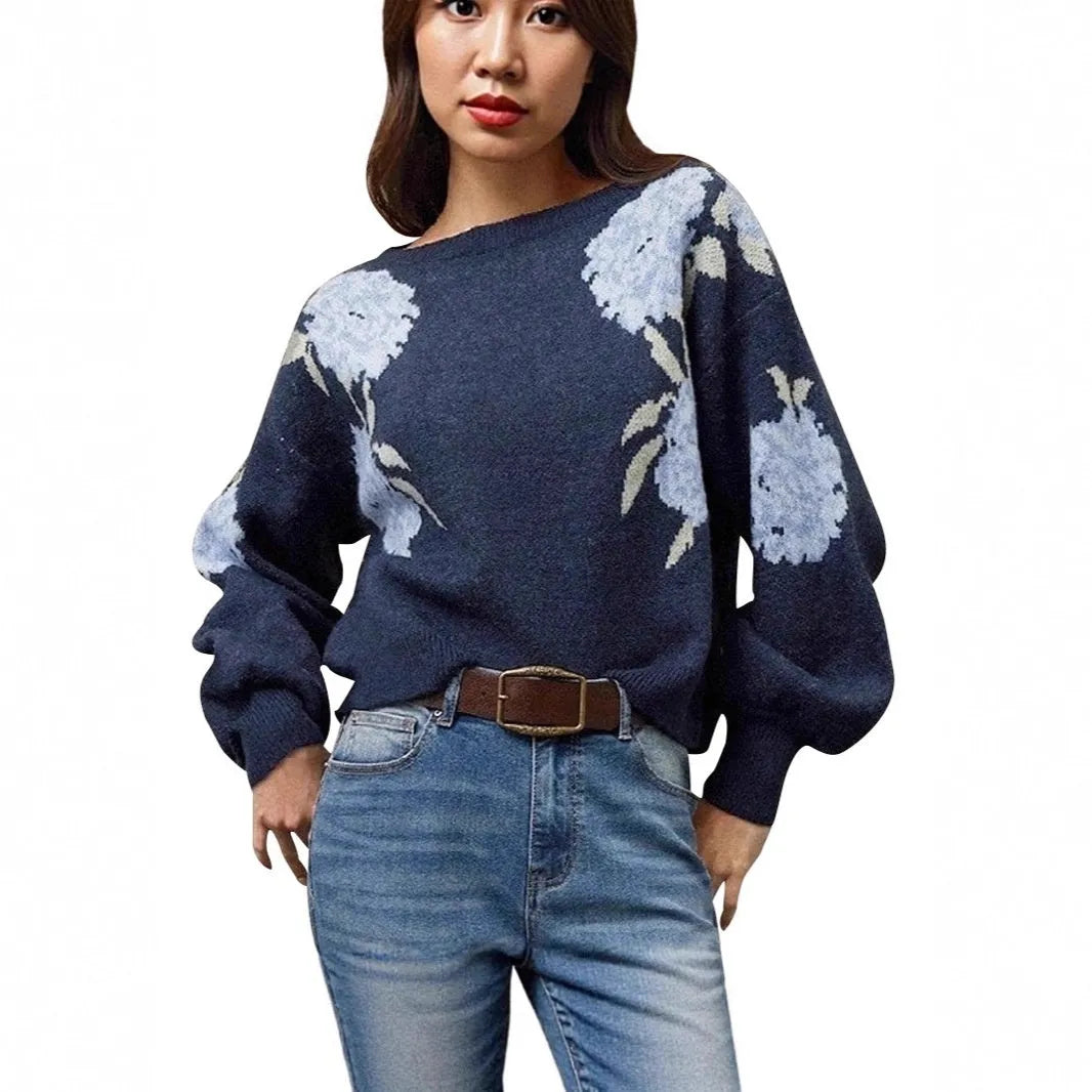 Sapphire blue women's jacquard pullover with flower pattern, off-neck design and loose fit