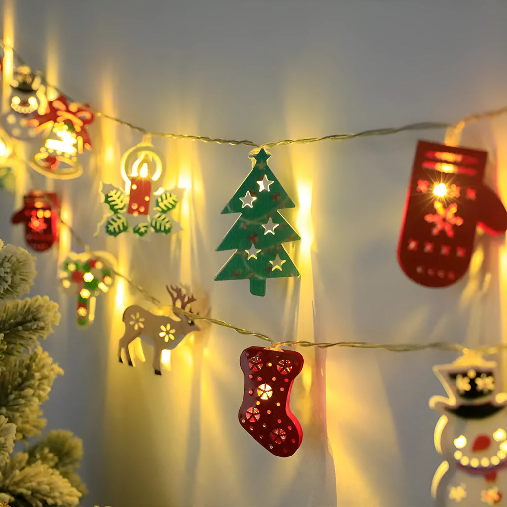 Christmas LED fairy light string with Santa Claus, Snowman, and Reindeer decorative ornaments
